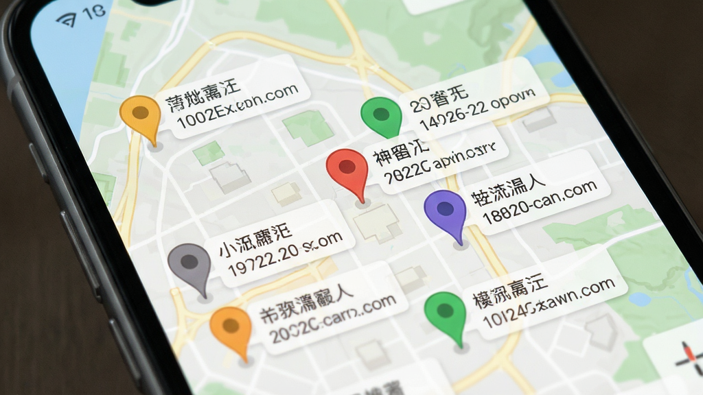 地图测绘软件中地图打点功能的界面展示,手机屏幕显示地图上分布着多个彩色标记点,每个标记点旁边有名称标签和坐标信息,界面风格简洁,布局合理,细节包括标记点图标、坐标文字、地图背景,画质清晰,干净,无多余元素