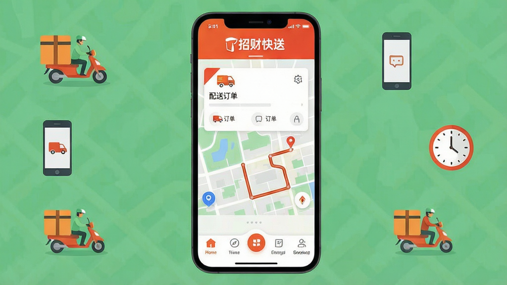 画面中央是招财快送软件的主界面截图,界面采用橙红色与白色为主的清新配色,顶部显示招财快送文字标识,中间有配送订单卡片和地图路线示意,底部是功能导航栏,周围环绕着骑手配送箱、手机、时钟等小图标,布局简洁明快,风格现代扁平化,细节清晰,画质干净,无多余元素