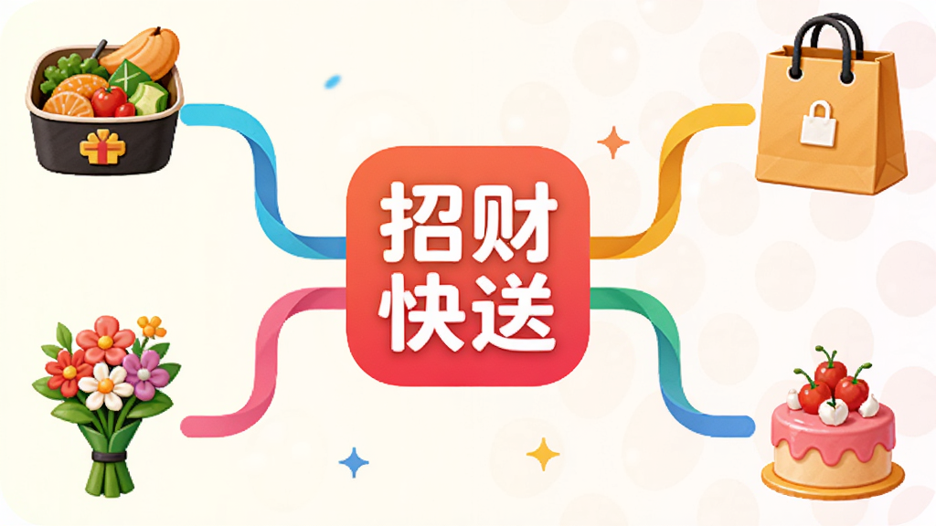 画面以招财快送应用图标为中心,四周环绕着不同场景的图标,包括餐盒、购物袋、文件袋、鲜花、蛋糕等,每个图标通过彩色线条连接到中心,背景为浅色渐变,风格活泼生动,细节丰富,画质干净,无多余元素