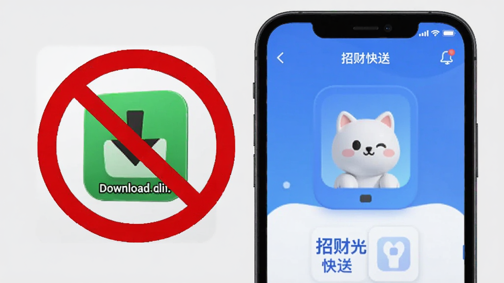 画面展示一部智能手机屏幕上是招财快送的应用界面,旁边有一个红色禁止符号覆盖在非官方下载渠道的图标上,背景是简洁的浅灰色,风格清晰直白,细节明确,画质干净,无多余元素