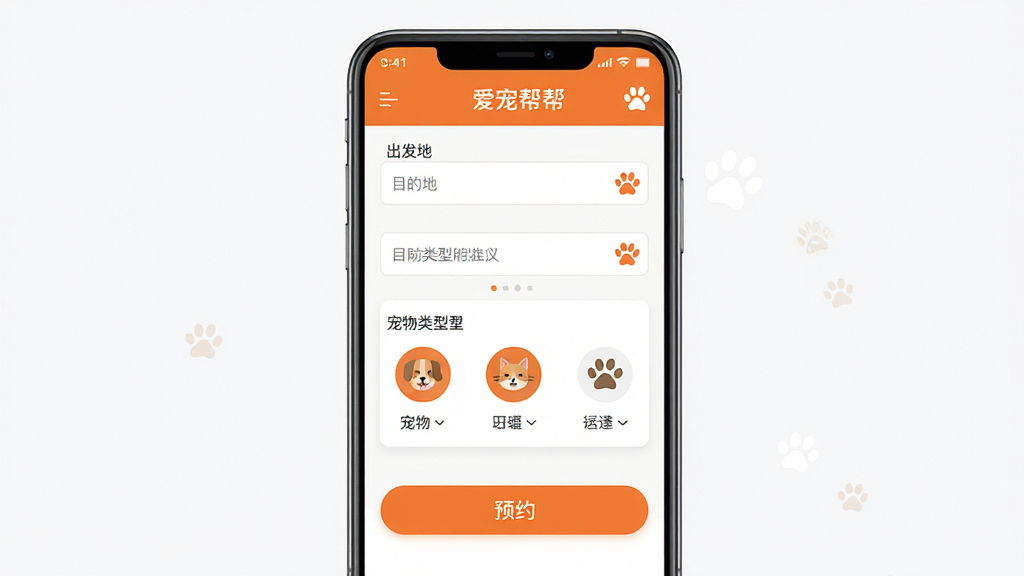 �����APP��ҳ����չʾ������Ϊһ��������׿�ֻ�����Ļ�ڳ��ֳ��������µ�ҳ�棬����������Ŀ�ĵ�����򡢳�������ѡ��ͼ���ԤԼ��ť�����־��жԳƣ��Ű���ˬ���򣬷��Ϊ�ִ���ƽ��UI��ƣ�ϸ����ʹ�ó�ɫ���ɫΪ��ɫ������׺è��צӡԪ�أ����ʸ��壬����ɾ����޶���Ԫ��
