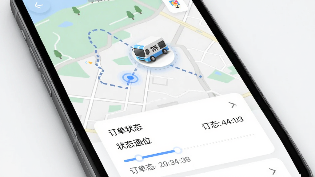 �����APPʵʱ��λ���ٹ��ܽ��棬����Ϊ�ֻ���Ļ��ʾ��ͼ�켣��������䳵��ͼ�꣬����Ϊ�Ϸ���ͼ�·�����״̬��Ƭ���Ű�����ֲ������Ϊ���Ƽ���UI��ϸ�ڰ�����λ��ꡢ·�����ߡ�״̬ʱ���ᣬ��������������ɾ����޶���Ԫ��