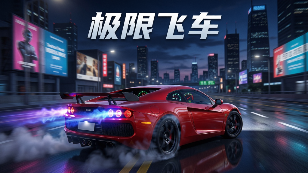 画面中央是一辆红色跑车在夜色城市公路上漂移,车尾拖出蓝紫色氮气光轨,背景有霓虹灯广告牌和高楼轮廓,采用竖版构图,主体赛车占据画面下半部,上方留出天空与标题空间,风格为写实3D赛车游戏宣传图,细节包括轮胎烟雾、路面反光、仪表盘光效,画质清晰干净,画面中文字为“极限飞车”,无多余元素