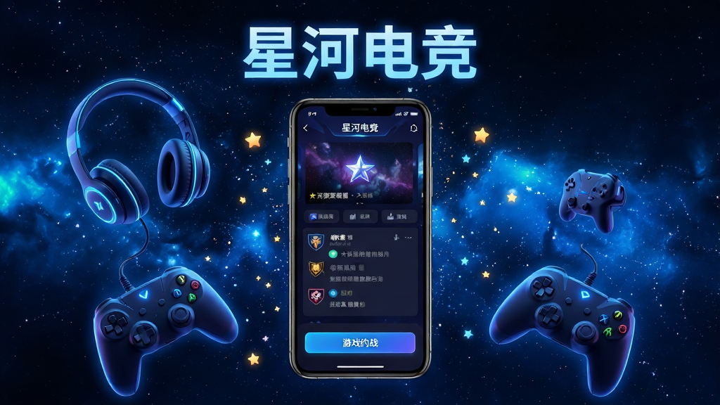 整体画面以深蓝色星空为背景,中央放置一部智能手机,手机屏幕上显示星河电竞应用主界面,界面中包含赛事直播卡片、战队聊天窗口和游戏约战按钮,手机周围环绕发光的电竞耳机、游戏手柄和星星粒子,布局采用中心对称构图,上方用发光字体写着星河电竞,风格为科技感电竞风,细节包括界面UI的图标和文字清晰可见,画质为4K高清,干净整洁,无多余元素