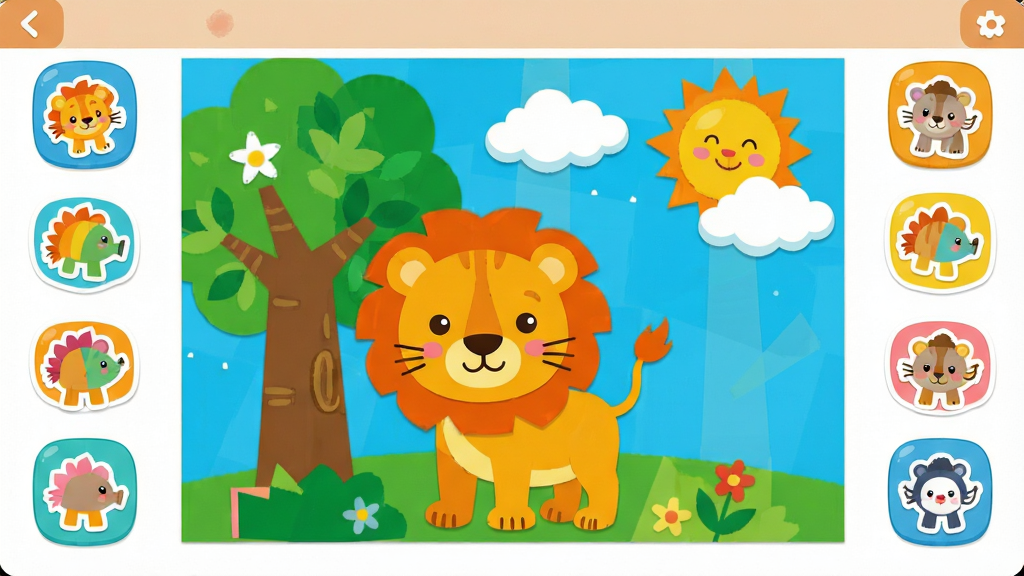 ��������ƴ�����������棬����չʾһ��ɫ�����޵Ķ�ͯƴ������Ʒ���������п�ͨСʨ�ӡ�������̫�����ƶ䣬���ܻ��Ƹ�����ֽ�ز�ͼ�꣬�����������Ű����룬��ƽ����ͨ����������õ���ɫ��ϸ�ڷḻ�����廭�ʣ�����ɾ����޶���Ԫ��