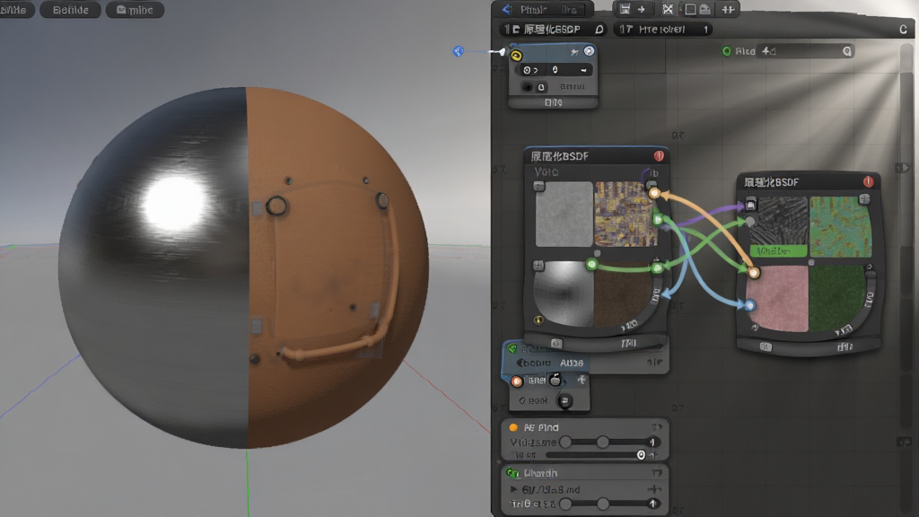 Blender��ά��ģ����Ԥ�����棬�����ά����չʾ��˿������ĥɰ�������ֲ��ʶԱȣ��Ҳ�ڵ�༭����ʾ��ԭ����BSDF���ڵ�������ͼ����������Ϊ�����ɫ�������ƹ�����Ͻ�Ͷ������Ӱ�������Ű����������רҵ������ϸ�壬ϸ�ڰ����߹ⷴ����ֲڶȲ������飬�޶���װ��Ԫ�ء�