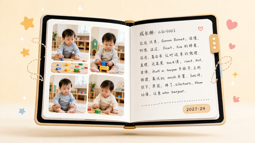 ����չʾһ���򿪵ĵ��ӳɳ��ᣬ���ҳ���Ǳ������׶�԰��ˣ����Ƭƴ�����Ҳ�ҳ������д�����ּ�¼�����ڱ�ǩ���ɳ�����������͵�ǳ��ɫ�����У���Χ��׺��С���ǺͰ���ͼ�꣬��������ܰ������ϸ�ڷḻ�����ʸɾ����޶���Ԫ�أ���ͼ���С�
