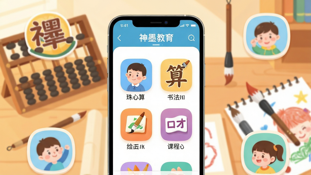 һ��չʾ��ī����APP����ȫò��ͼƬ����������Ϊһ�������ֻ�����Ļ����ʾ��ī����APP����ҳ���棬���������㡢�鷨���滭���ڲŵȿγ����ͼ�꣬����Ϊ��ܰ�Ķ�ͯѧϰ�����������ϰڷ������̡�ë�ʺͻ�ֽ�����ֲ��þ��й�ͼ���ֻ����зŴ�չʾ����Χ���ƿγ�Ԫ�ء����Ϊ��������ı�ƽ���廭��ϸ�ڰ�����͵�ůɫ����Ӱ��Բ���ͼ����ƣ����ʸ��塢�ɾ����޶���Ԫ�ء�