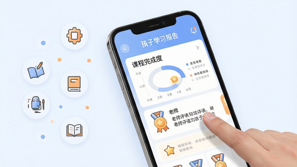 һ��չʾ��ī����APP�ɳ��������ܵ�ͼƬ����������Ϊһ���ֻ�����Ļ����ʾ���ӵ�ѧϰ����ҳ�棬�����γ���ɶ�ͼ������ʦ����ͽ���ͼ�꣬�Ա���һֻ�����ڻ�����Ļ������Ϊ����ƫ�ҹ�ͼ���ֻ��Ŵ�չʾ������׺ѧϰ���Сͼ�ꡣ���Ϊ����ִ���UIչʾ���ϸ�ڰ�����͵���ɫ�ͳ�ɫ���䣬���ʸ��塢�ɾ����޶���Ԫ�ء�