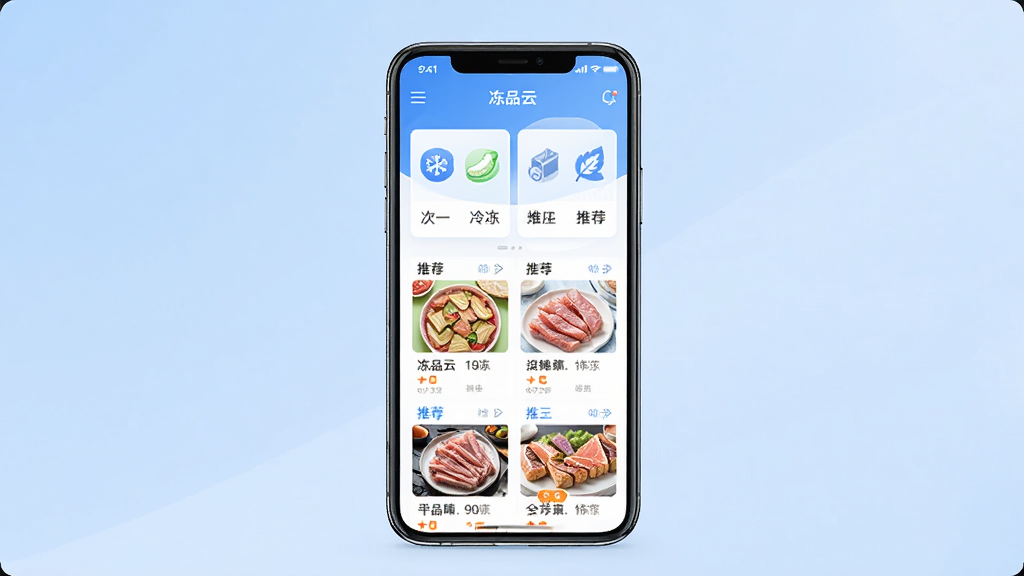 ��Ʒ��APP������չʾͼ������������һ�������ֻ�����Ļ����ʾ��Ʒ��Ӧ����ҳ�����������䶳ʳƷ����ͼ�����Ƽ���Ʒ�б�������Ϊ����ɫ�����ɾ����࣬����ͻ�������־��У�����ִ���Լ��ϸ�����������ʸ��壬�޶���Ԫ��