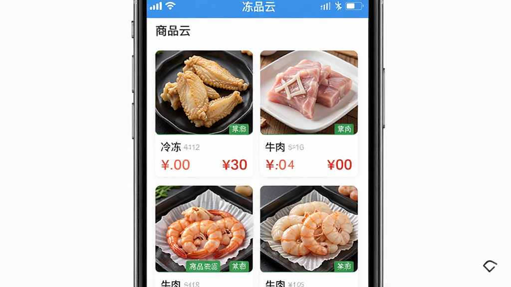 ��Ʒ��APP��Ʒ�б�ҳ���ͼ���ͼƬ������չʾ�ֻ���Ļ�ڶ�Ʒ��Ӧ�õ���Ʒ�������б��������䶳���ᡢţ�⡢Ϻ�ʵ���ƷͼƬ��۸��ǩ���������룬���дʵ��ϸ�ڷḻ������������������࣬�޶���Ԫ��