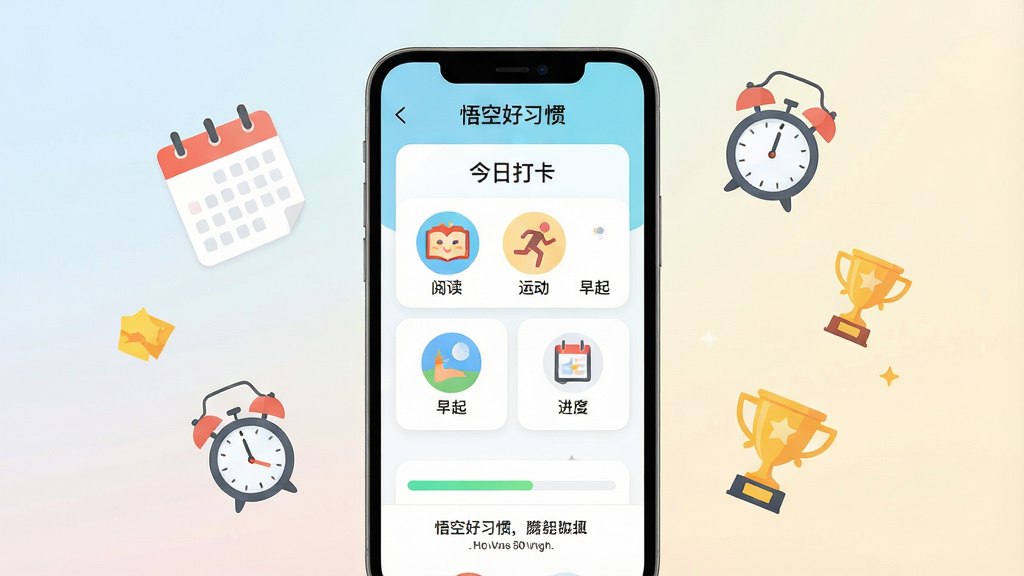 ����������һ�������ֻ����ֻ���Ļ����ʾ��һ����Ϊ����պ�ϰ�ߡ���APP���棬����������¼��Ŀ�Ƭʽ��ƣ������С����մ򿨡��������м��������Ķ����˶��������ϰ��ͼ�꣬�ײ��н������͹����İ�������Ϊ��͵�ǳɫ���䣬�ֻ���ΧƯ�������������ӡ�������СԪ�ء�������ɾ��ִ�����ƽ���廭���ϸ�����������ʸ��壬�޶���Ԫ�ء�