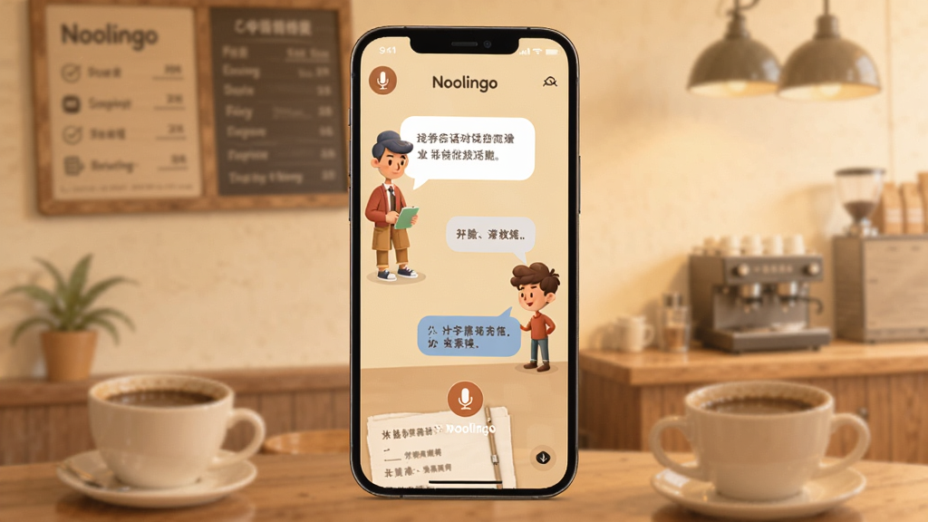 һ��չʾ Noolingo �����Ի����ܵ�ͼƬ���������ֻ���Ļ����Ļ����ʾ��������ͨ����Ի��ĳ������жԻ����ݺ���˷�ͼ�ꣻ�������ֻ����У������ǿ����������������ů���У�ϸ�ڰ����˵������ȱ��ͶԻ���ʾ�������������ɾ����࣬�޶���Ԫ��