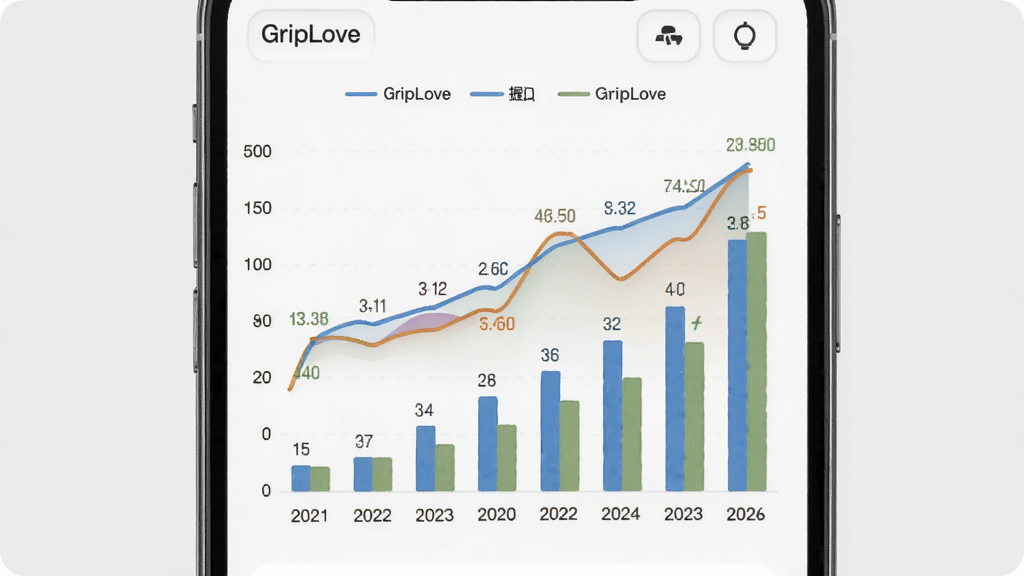 GripLove����ͳ��ҳ��ʾ��ͼ������Ϊ�ֻ���Ļ��ʾ����ͼ����״ͼ��ͼ���б�ע������ֵ�仯���ƣ�����Ϊǳ��ɫ�����־���չʾͼ������Χ�м���ͼ�������ڱ�ǩ����������Լ��ϸ����ͻ������������ƽ������ɫ�����ֶȣ�����������������Ԫ��