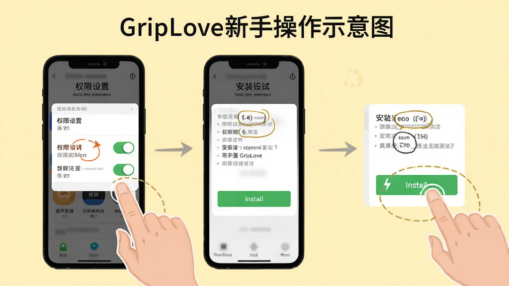 GripLove���ֲ���ʾ��ͼ������չʾ�ֻ���Ļ��ʾȨ�����úͰ�װѡ��Ա�����ָ�����Ļ��ͼʾ������Ϊǳ��ɫ�����ֲ��ò���ʽ���У������̷̳磬ϸ����ͻ��Ȩ�޿��غͰ�װ��ť�������������ɾ�������