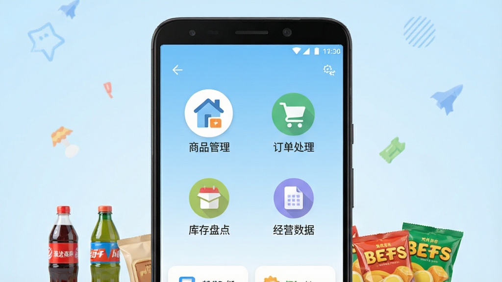 �����̻�����������չʾͼ������������һ����׿�ֻ����ֻ���Ļ����ʾ�����̻�APP����ҳ���棬������Ʒ��������������������̵㡢��Ӫ�����ĸ�����ͼ�꣬ͼ����ñ�ƽ����Ʒ�񣬱���Ϊǳ��ɫ���䣬�ֻ��·����ü���С����Ʒ������ƿ����ʳ����Ϊ��׺�������������죬���������ɾ����޶���Ԫ��