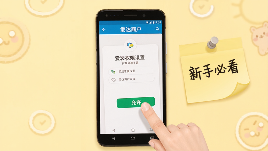 �����̻����ֲ���ָ��ʾ��ͼ����������һ����׿�ֻ����ֻ���Ļ����ʾ�����̻�APP�İ�װȨ�����ý��棬��ָ���ڵ������������ť���ֻ��Ա߷���һ��д�С����ֱؿ����ı�ǩֽ������Ϊǳ��ɫ�������ܰ�Ѻã������������޶���Ԫ��