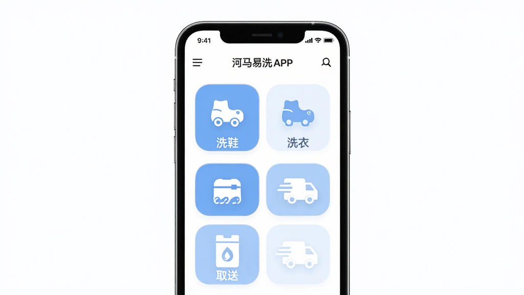 ������ϴAPP������չʾͼ������Ϊһ�������ֻ�����Ļ��ʾ������ϴAPP��ҳ������ϴЬ��ϴ�¡�����ȡ�͵�ͼ�갴ť�������������Ű�Ϊ�ֻ�����չʾ�����Ϊ�ִ���Լ��ƽ����ƣ�ϸ�ڰ����ɾ��İ�ɫ��������͵���ɫ����ɫ��Բ��ͼ�꣬���ʸ��壬�ɾ����޶���Ԫ��
