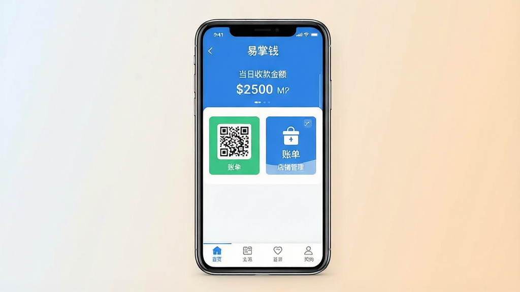 һ��չʾ�ֻ���Ļ��ͼƬ����Ļ������ʾ������Ǯ��APP�������棬���������ɫ���ɫΪ���ļ����ƣ�������ʾ�̻������뵱���տ���в����տ��롢�˵������̹�����ͼ�갴ť���ײ��е�����������Ϊ�ɾ��Ĵ�ɫ���䣬���Ϊ�ִ���ƽ��UI��ƣ�ϸ�����������ʸ��壬����ɾ����޶���Ԫ�ء�