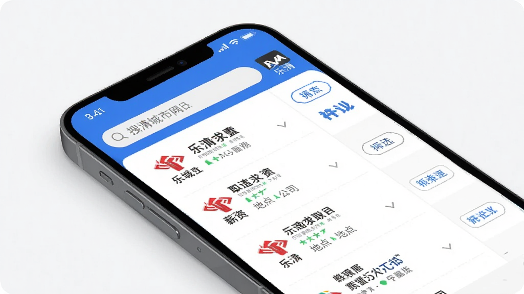һ��չʾ���������APP��Ƹ��ְҳ����ֻ�ģ��ͼ���������ֻ���Ļ��ʾְλ�б��͹�˾Logo������Ϊ����ʽ��Ϣչʾ���Ű�ͻ��н�ʺ͵ص㣬���Ϊ�����Լ�磬ϸ�ڰ�����������ɸѡ��ť�����ʸ��壬����ɾ����޶���Ԫ��