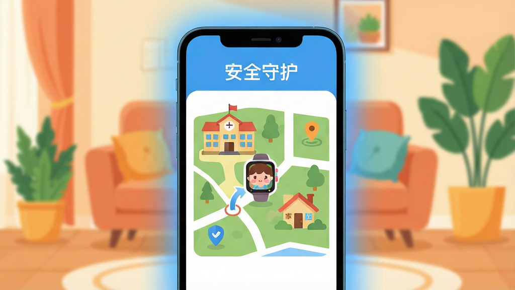 ����������һ�������ֻ�����Ļ����ʾ�š���ȫ�ػ���APP�������棬��������һ����ͨ���ĵ�ͼ����ͼ�ϱ����ѧУ�ͼҵ�λ�ã�һ���ɰ��Ķ�ͯ�ֱ�ͼ�����ڵ�ͼ���ƶ����ֻ���Χ��������͵���ɫ���Σ���������ܰ�ļ�ͥ������������ɳ������ֲ��������Ϊ��ƽ���廭��ɫ��������ů��ϸ�����������ʸ��壬�ɾ����࣬�޶���Ԫ�ء�