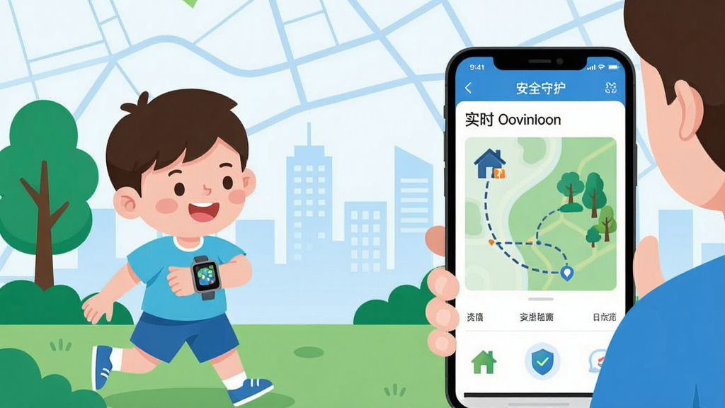 һ����Ϣͼ���Ĳ廭�����������һ����ͨ��ͯ���ŵ绰�ֱ��ڹ�԰��ˣ���Ҳ��Ǽҳ��ֻ���Ļ����Ļ������չʾ�š���ȫ�ػ���APP��ʵʱ��λ���棬һ�����߹켣�Ӽ����쵽��԰�������Ǽ��ĳ��е�ͼ��������ɫ����ɫ����ɫΪ������������ִ�������ɾ�������ϸ�壬�޶���Ԫ�ء�