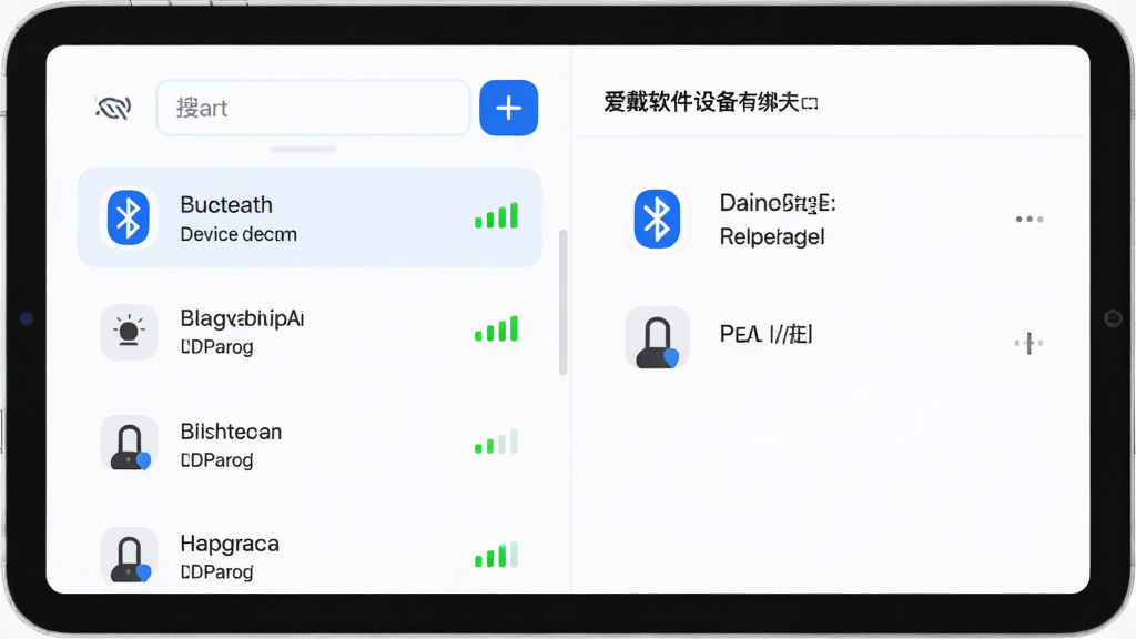 �����ǰ��������豸�󶨽��棬����Ϊ���ҷ����������ʾ���������豸�б����Ҳ���ʾ�������豸״̬���Ű����������Ϊ��ˬǳɫUI��ƣ�ϸ�ڰ�������ͼ�ꡢ�豸���ơ��ź�ǿ�ȱ�ʶ�����ʸ��壬�ɾ����޶���Ԫ��