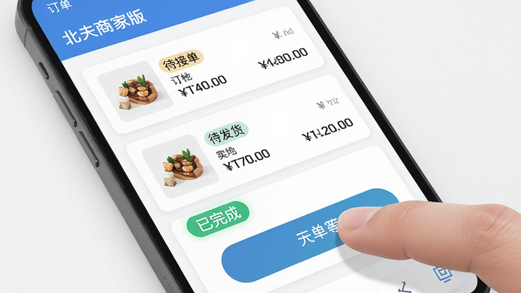 �����̼Ұ涩���������棬��������Ϊ�ֻ���Ļ��д����Ļ����ʾ�����б����������ӵ���������������ɵ�״̬��ǩ��������Ƭ������Ʒ����ͼ������Ϣ����ָ���ڵ���ӵ���ť�����Ϊ�ִ���ƽ����ƣ���ɫ��ˬ�������ɾ��������������޶���Ԫ��