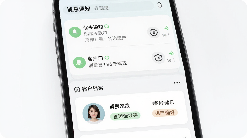 �����̼Ұ���Ϣ֪ͨ��ͻ��������棬��������Ϊ�ֻ���Ļ����Ļ�ϰ벿����ʾ��Ϣ֪ͨ�б����°벿����ʾ�ͻ�������Ƭ����Ƭ���пͻ�ͷ�����Ѵ�����ƫ�ñ�ǩ�����Ϊ����ǳɫϵ�����������������ɾ��������������޶���Ԫ��