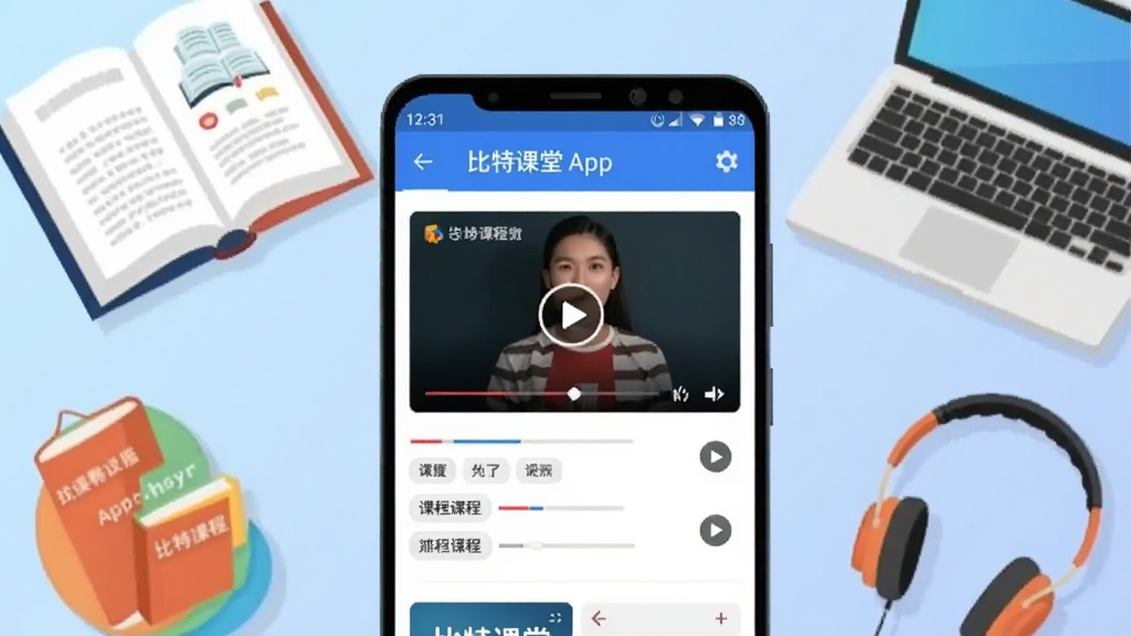 �����������һ����׿�ֻ����ֻ���Ļ��ʾ���ؿ���APP�Ŀγ��б����棬����������Ƶ�γ̷���ͷ����ǩ���ֻ���Χ�������鱾���ʼǱ����ԡ�������ѧϰ�����Ʒ������Ϊǳ��ɫ���䣬������ñ�ƽ���廭���ϸ�ڰ����γ̽������Ͳ��Ű�ťͼ�꣬��������������ɾ����޶���Ԫ��