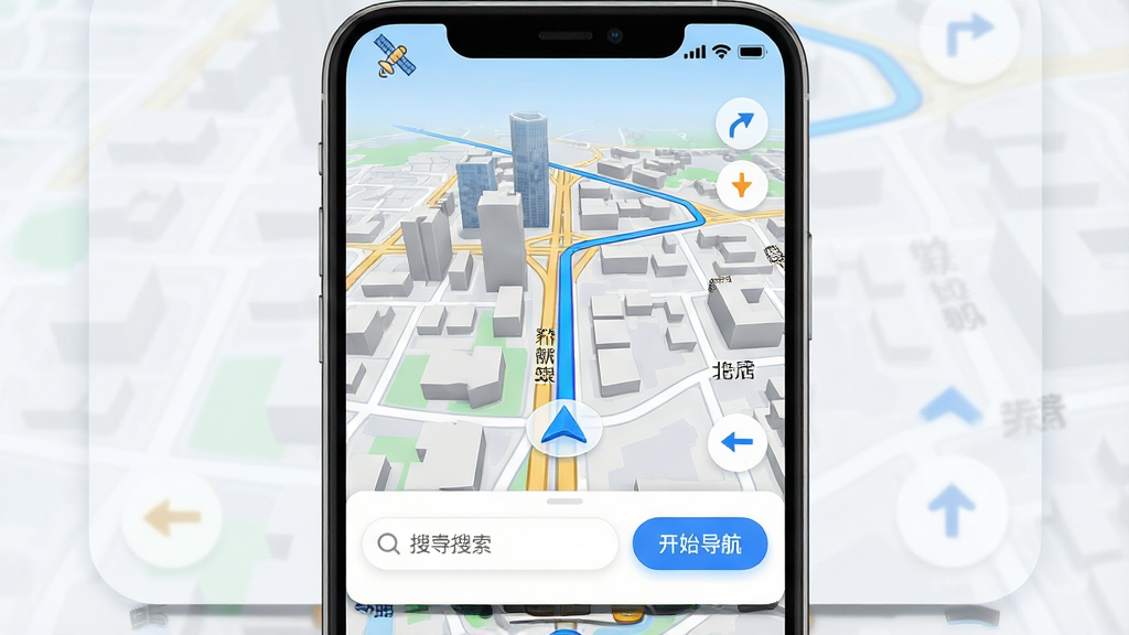 ������ͼ����APP�������ͼ����������չʾ������3D���е�ͼ����ɫ����·�ߣ��·�����Ŀ���������롰��ʼ��������ť���������ǳɫ�������⣬����״̬����ʾ�����ź�����ͼ�꣬���岼�ּ�࣬����ִ��Ƽ��У�ϸ�ڰ�����·������ת���ͷ�����ʸ��壬����ɾ����޶���Ԫ��