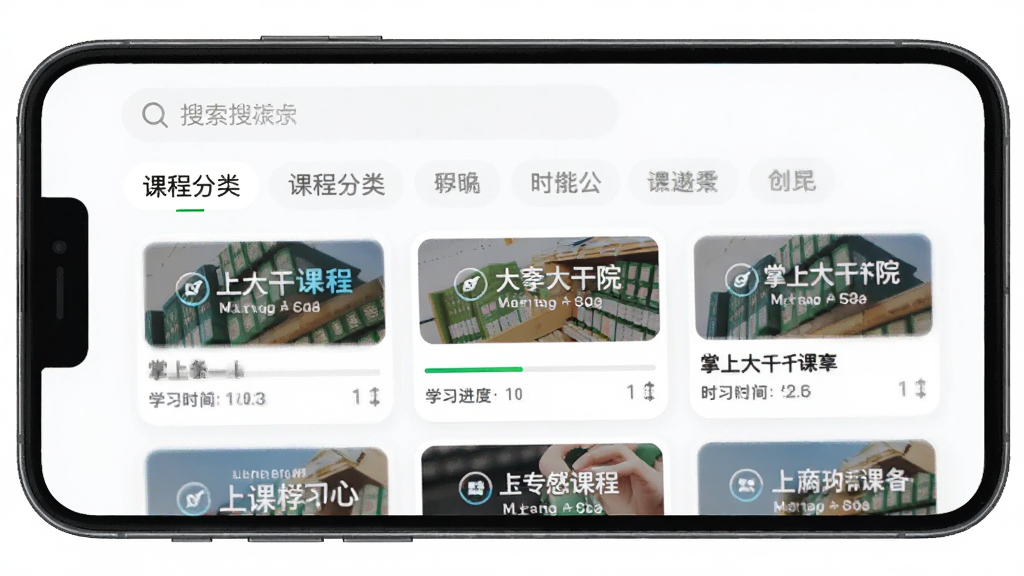 ���ϴ��Ժ�γ�ѧϰ���Ľ��棬����Ϊ�ֻ���Ļ������Ϊ�������������в��γ̷����ǩ���·��γ̿�Ƭ�б��������ˬ��Լ��ϸ�ڰ����γ̷�������ͼ��ѧϰ��������ʱ����ע����������������ɾ����޶���Ԫ��
