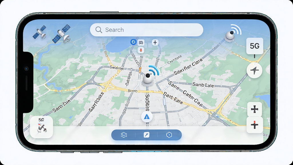 ����������չʾ������Ϊ�ֻ���Ļ��ʾ5G����ʵ��������ʵ����ͼ���棬����Ϊ�м��ͼ���������������ײ����ܰ�ť���Ű������ˣ����Ϊ�ִ��Ƽ���UI��ƣ�ϸ�ڰ�������ͼ�ꡢ5G�źű�ʶ�������Ľֵ���ע�����ʸ��壬�ɾ����޶���Ԫ��