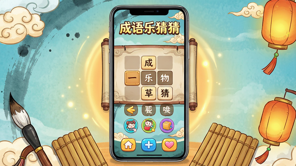 �����ֲ²��ֻ�APP������չʾ������Ϊһ�����������ֻ����з��ã���Ļ����ʾɫ������ĳ��������Ϸ���棬�����ŷ���ᱳ����������շ����뿨ͨͼ��ѡ����ֲ��þ��жԳƹ�ͼ���ֻ��·�ɢ��ë�ʡ���򡢵������й���Ԫ����Ϊװ�Σ��Ű�����������Ϊ��ϷLogo���֡������ֲ²¡����в�Ϊ�������򣬵ײ�Ϊ���ܰ�ť�����Ϊ�й��翨ͨ�ֻ棬ϸ�ڰ���ˮī����������������ůɫ�����Σ����ʸ��壬����ɾ����޶���Ԫ��