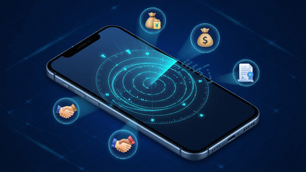 һ��չʾ��ҵ��APP�̻��״﹦�ܵ�AI����ͼ�������������ֻ���Ļ����Ļ����һ���״�ɨ��Ķ�̬ͼ�Σ���ΧƯ���Ŵ�����ͬ�̻���Сͼ�꣬�����֡�Ǯ������ͬ������Ϊ�Խ��߹�ͼ�����Ϊ�߿Ƽ������ʸУ�ϸ�����״ﲨ�ƴ�����������Ч������Ϊ����ɫ���񡣻���ϸ�壬�ɾ����޶���Ԫ�ء�