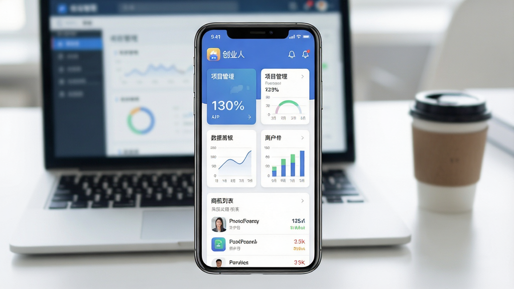 һ��չʾ�ƶ��˴�ҵ��APP���Ľ���ĸ���ͼ������������һ�����������ֻ�����Ļ��ʾ��ҵ���Ǳ��̣�������Ŀ������Ƭ������ͼ�����̻��б������ֲ��þ��й�ͼ������Ϊ�����ִ��칫���滷�����бʼǱ����ԺͿ��ȱ��黯���С����Ϊ��ƽ���Ƽ�����ƣ�ϸ����ǿ����Ļ�ڡ���ҵ�ˡ�APP��ͼ�������ݿ��ӻ�Ԫ�ء������������ɾ����޶���Ԫ�أ�4K�ֱ��ʡ�