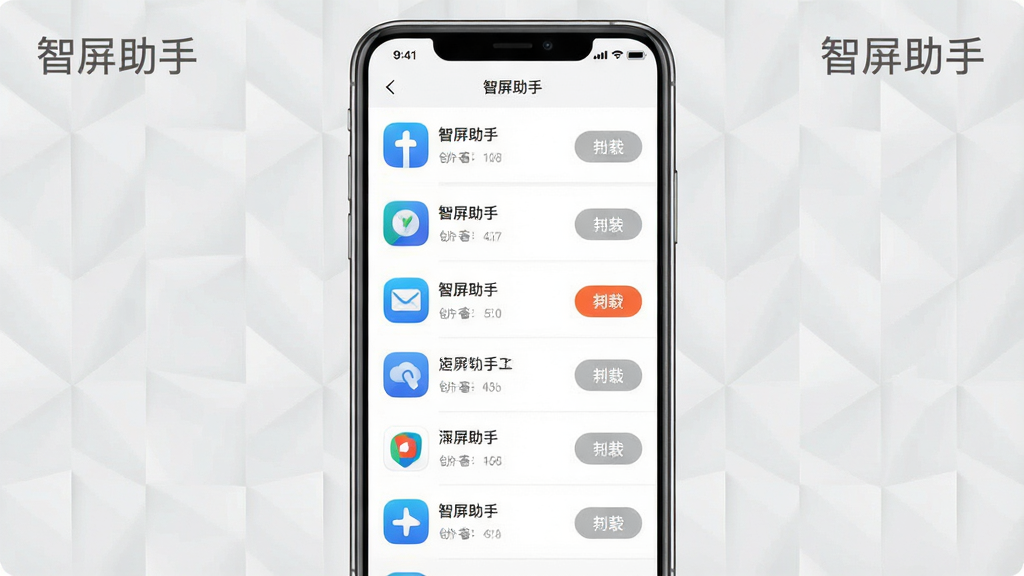 һ��չʾ��������Ӧ�ù������ܵ�ͼƬ������������һ���ֻ����ֻ���Ļ����ʾӦ���б����棬�б����ж��Ӧ��ͼ��Ͳ�����ť������Ϊ�����б������Ϊ��ˬ���磬ϸ�ڰ���Ӧ��ͼ���ж�ذ�ť������Ϊǳ��ɫ�����ʸ��壬����ɾ����޶���Ԫ�أ�ͼƬ�����ֱ�ע���������֡���