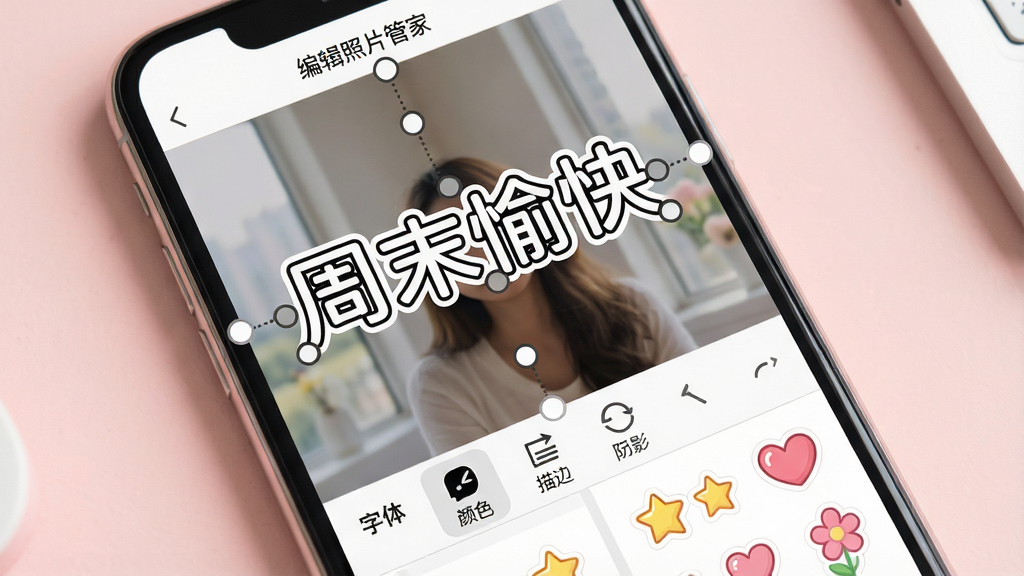 һ���ֻ���Ļ��д����Ļ��ʾ���༭��Ƭ�ܼҡ������ֱ༭���棬��Ƭ����һ�ΰ�ɫ������֡���ĩ��족��������Χ�м�������ק�Ŀ��Ƶ㣬�·���������ʾ���塢��ɫ����ߡ���Ӱ�ĸ�ѡ���ֽ�����չʾ�����ǡ����ġ��������ֽ��������ǳ��ɫ���棬���Ϊ���¿ɰ��������Ʒչʾͼ�����ʸɾ����޶���Ԫ��