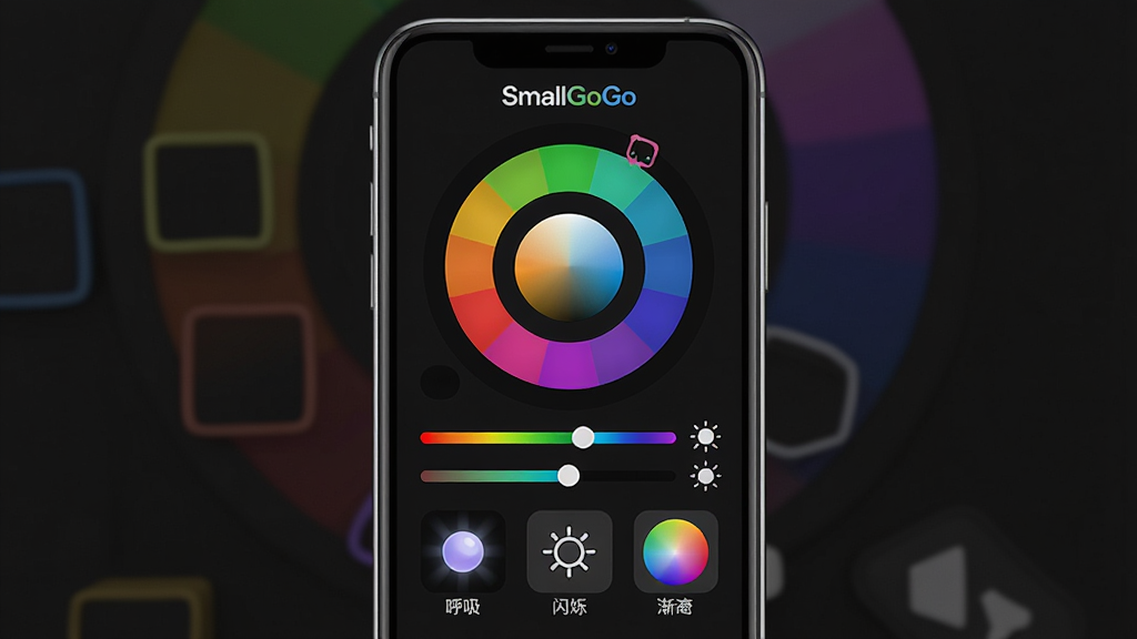 һ��չʾ SmallGoGo LED��ɫ���ܵĽ���ͼ����������Ϊ�ֻ���Ļ����Ļ����ʾԲ��ɫ����RGB���飬�·����к����ơ���˸�������ģʽ��ť�������� 