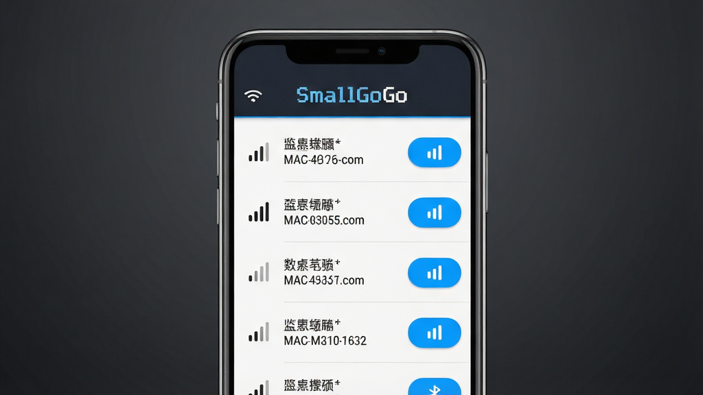 һ��չʾ SmallGoGo �����������ӹ��ܵ��ֻ�����ͼ����������Ϊ�ֻ���Ļ����Ļ����ʾ�����豸�б���ÿ���豸�Դ����ź�ǿ��ͼ�������Ӱ�ť�������� 
