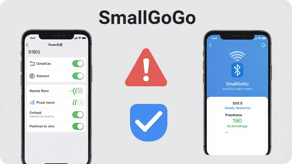 һ��չʾ SmallGoGo Ȩ���������������ӱܿ�ָ�ϵ�ʾ��ͼ���������Ϊ�ֻ�Ȩ�����ý��棬�Ҳ�Ϊ�����豸���ӳɹ����棬�м��к�ɫ��ʾͼ������ɫ�Թ�ͼ�꣬������ 