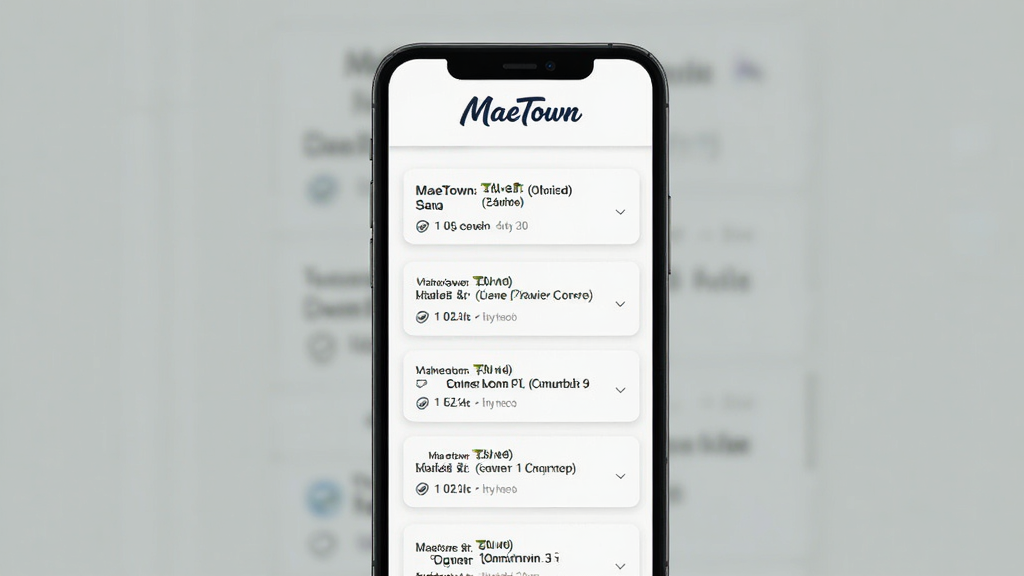 MaeTown����������ҳ��ʾ��ͼ������Ϊ�ֻ���Ļ��ʾ�ʴ��б�������Ϊ�������У��Ű����������Ϊ����ʴ�磬ϸ������Ļ�����С�MaeTown��logo�����ʸ���ɾ��޶���Ԫ��