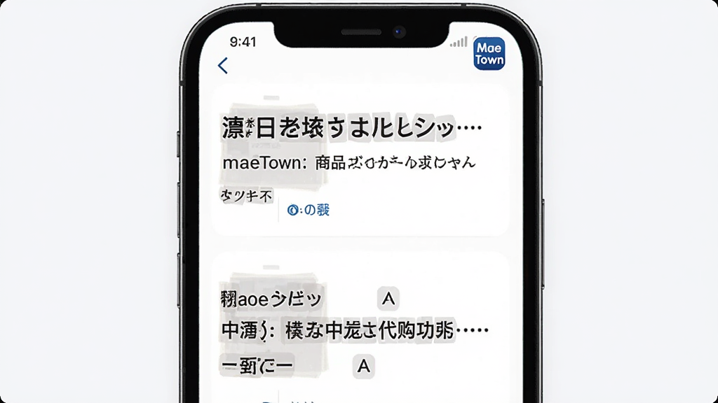 һ��չʾMaeTown��Ʒ������������ܵ�AI��ͼ������Ϊ�ֻ���Ļ��ʾ������Ʒҳ�汻��������ģ�����Ϊ�ֻ�������Ļ�Ϸ���ʾԭ���·���ʾ���ģ��Ű��࣬���Ϊ�Ƽ�����磬ϸ������Ļ�����С�MaeTown��С��ʶ�����ʸ���ɾ��޶���Ԫ��