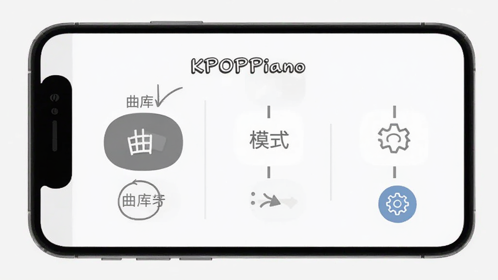 KPOPPiano���ֲ���ָ�����棬����չʾ�ֻ���Ļ�ϵ�Ӧ�ý��棬��ע�����ⰴť��ģʽѡ������ͼ��ȹؼ��������򣬱�����࣬���Ϊ��ƽ����ƣ�����