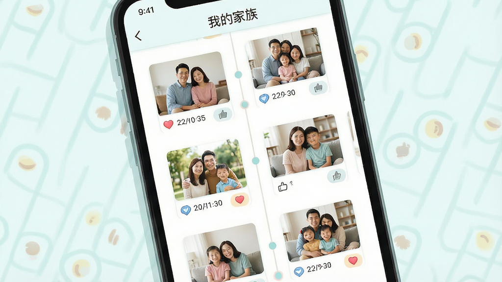 һ�ż�ͥ���ʱ��������ͼ���Ĳ廭������չʾ�ֻ���Ļ�ڵ�ʱ���������Ŷ��ż�ͥ��Ƭ����Ƭ�·������ں͵���ͼ�ꡣ����Ϊ��ֱ����ʽ�Ű棬���Ϊ����ǳɫUI��ƣ�ϸ�ڰ�����Ƭ����ͼ��ʱ���ǩ��������ť����������������ɾ����޶���Ԫ�أ���Ļ�Ϸ���ʾ���ҵļ��塱������