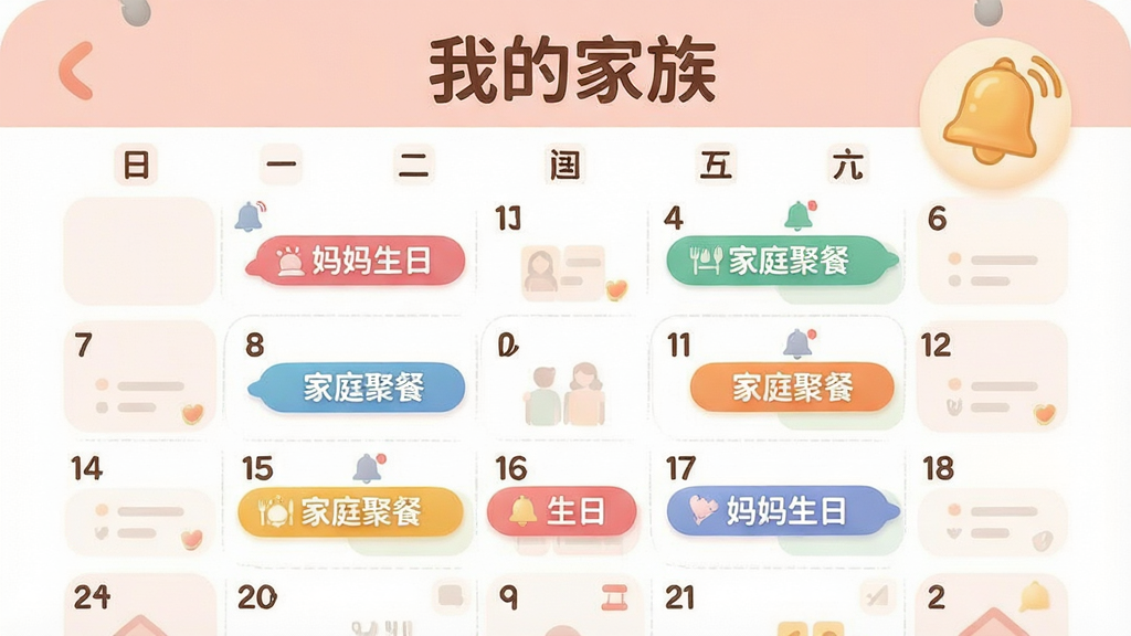 һ�ż�ͥ�������ѹ��ܵĲ廭������չʾһ���������棬�����ע�˶����ɫ�¼���ǩ���硰�������ա�������ͥ�۲͡����Ա���һ������ͼ���ʾ���ѡ�����Ϊ����״�����Ű棬���Ϊ���Բ����ƣ�ϸ�ڰ����������֡��¼�ɫ�顢����ͼ�ꡣ���������������ɾ����޶���Ԫ�أ�����������ʾ���ҵļ��塱��