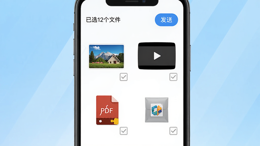 ����չʾ�ֻ���Ļ���г�����ļ�����ͼ������ͼƬ����Ƶ��PDF�ĵ���ѹ������ÿ���ļ��Ա��й�ѡ�򣬶�����ʾ����ѡ12���ļ����͡����͡���ť������Ϊǳ��ɫ���䣬���Ϊ�ƶ���UIչʾͼ�������������ɾ��޶���Ԫ��