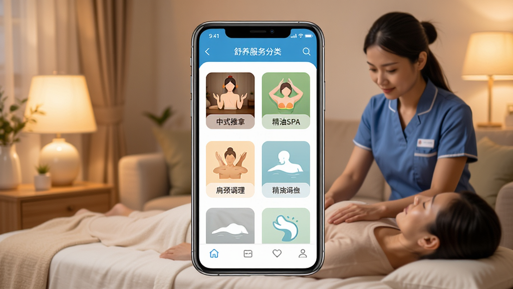 �������Ű�ĦAPP��ҳ����չʾ������������һ�������ֻ�����Ļ��ʾ�������Ű�ĦӦ�õ���ҳ��������Ħ�������ͼ������ʽ���á�����SPA���羱�����ȣ���������ܰ�ļҾӻ�����һλ����רҵ�Ʒ��İ�Ħ��ʦ����Ϊ�˿ͷ�����͵�ůɫ���ƹ⣬������ɾ����࣬�����������޶���Ԫ��