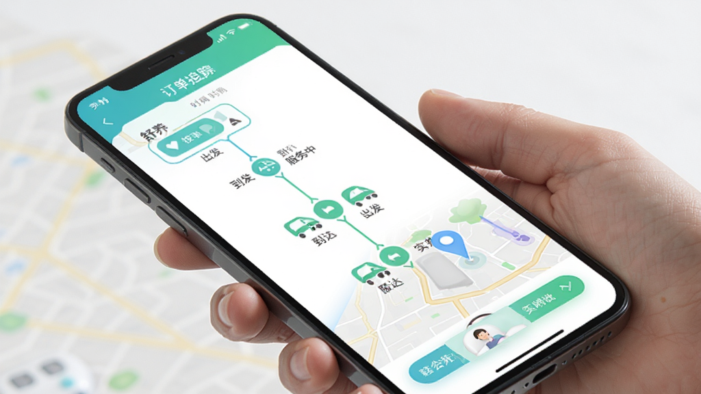 �������Ű�ĦAPP����׷�ٽ��棬�ֻ���Ļ��ʾ����״̬ʱ���ᣬ������ʦ�ӵ�����������������еȽڵ㣬��ͼ����ʾ��ʦʵʱλ�ã�������ɫ���£����ֺ����������������޶���Ԫ��