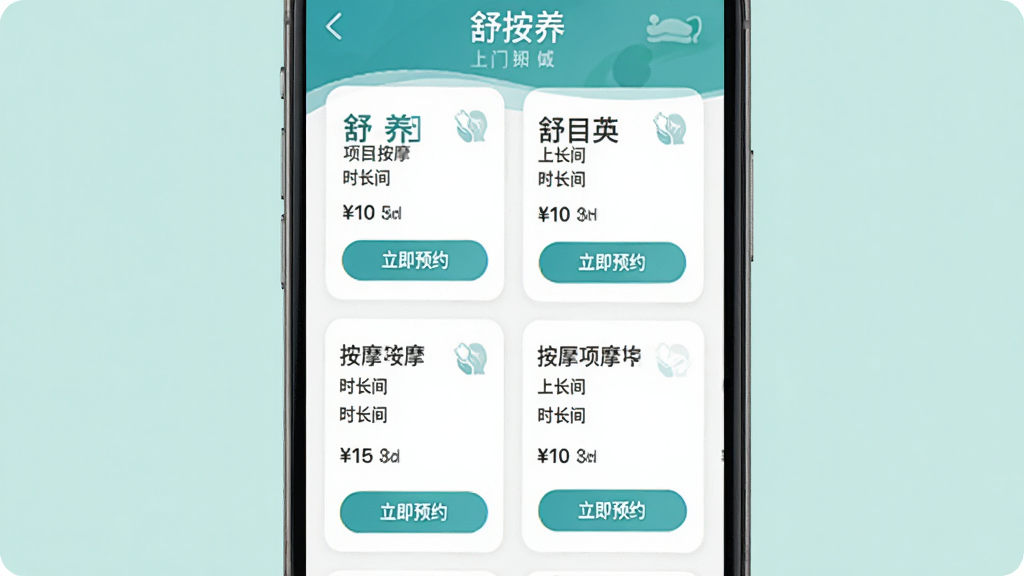 �������Ű�ĦAPP������Ŀ�б�ҳ�棬�ֻ���Ļ��ʾ���ְ�Ħ��Ŀ��Ƭ��ÿ����Ƭ������Ŀ���ơ�ʱ�����۸������ԤԼ��ť��������Ƽ����������ɫ������ɫΪ���������ɾ��������������޶���Ԫ��